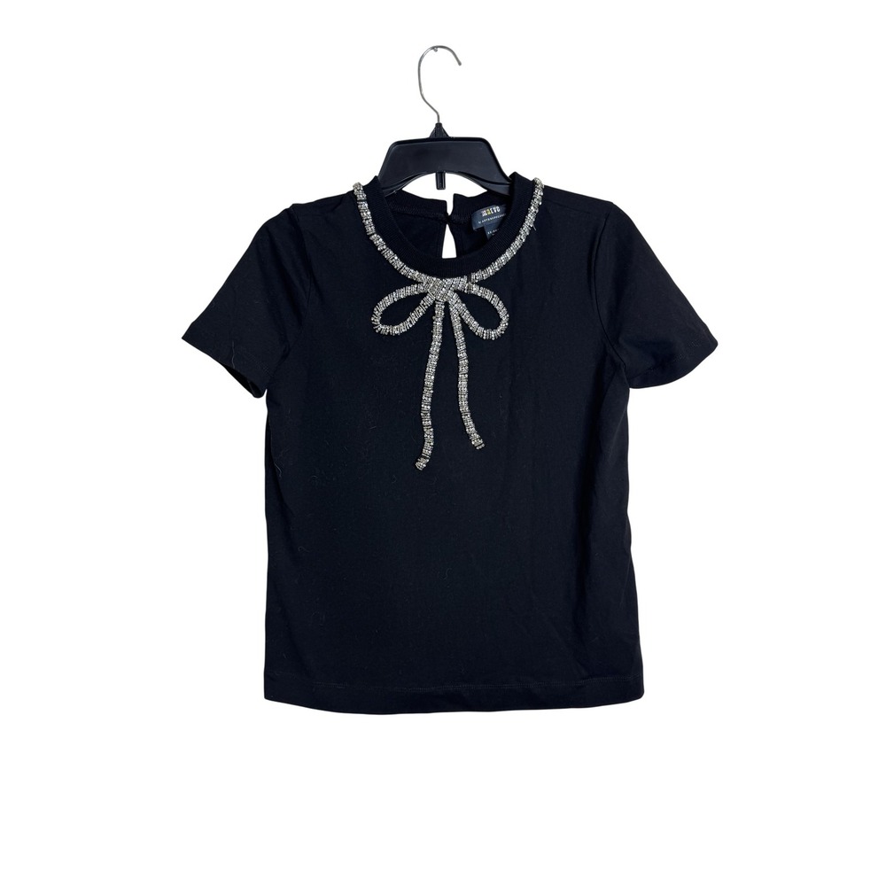 Maeve Anthropologie Shirt Womens XXS Beaded Bow Rhinestone Short Sleeve Top